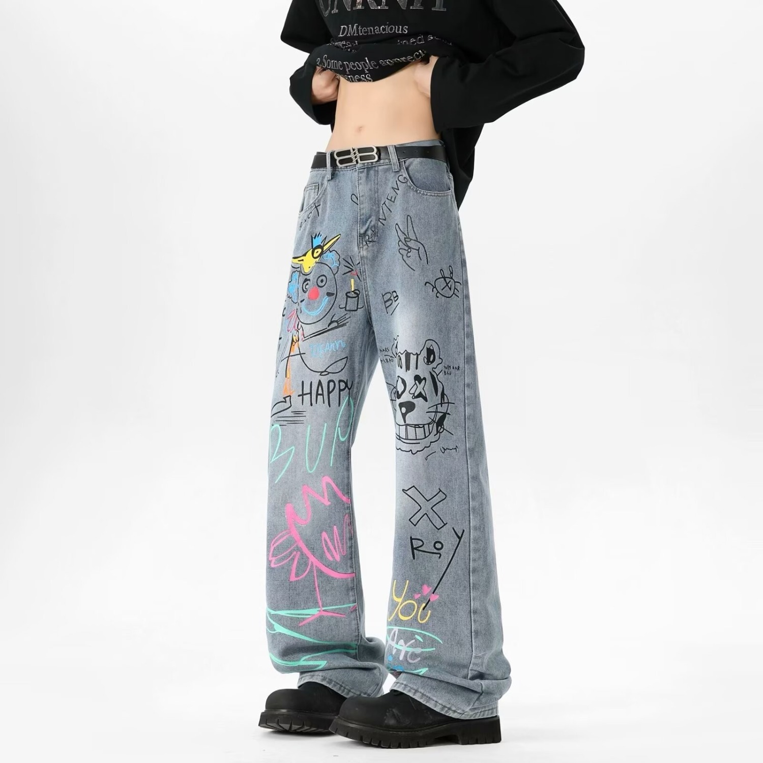 Men Graffiti Straight Leg Jean - Street Fashion Style Male review and price