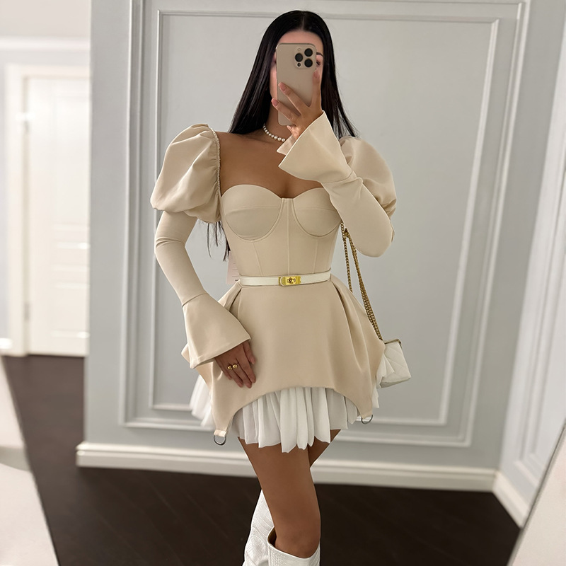 Bubble Sleeve Slim Patchwork S - Guangzhou Street Fashion review and price